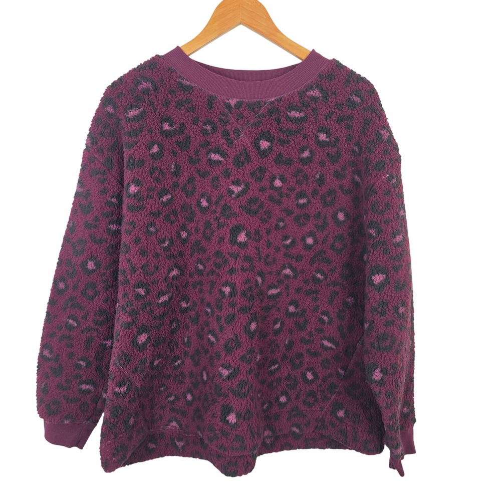 Koolaburra by UGG Womens 1X Burgundy Leopard Sherpa Fleece Pullover Sweatshirt